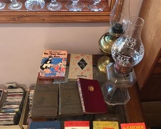 Oil lamps, vintage books incl. leather bound copy of Kipling’s “Kim”, Peter Pauper Press editions