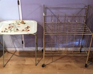 Vintage TV tray, gold metal record cart on casters (25”L, 14”D, 34”H)