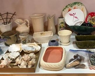 Pottery vases & planters by McCoy, Haeger & more, seashells, flower shears