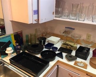 Japanese ikebana bowls & trays, clear glass vases