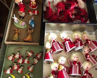 Vintage Xmas ornaments - birds with real feathers, red angels made in Japan, painted wood ornaments, Anri angels & more