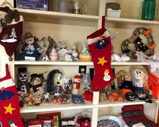 Holiday decorations for all occasions: Xmas (lots of snowmen), Easter, Halloween & Thanksgiving items