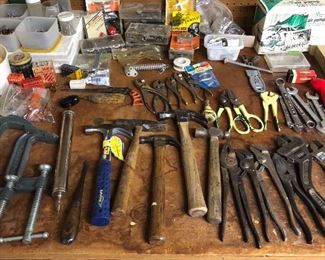 Assorted hand tools - giant clamps, hammers, wrenches & more