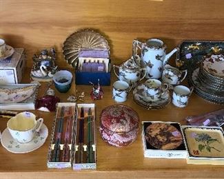 Westmoreland milk glass vase, Narumi cup & saucer, Belleek cups & saucers, “Feathered Friends” Hummel, Nippon coffee set w/ butterflies, Japanese dishes 