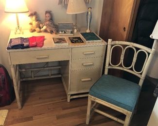 Faux bamboo desk with matching chair, vintage mohair rabbit, pair of glass bedside lamps, Japanese address books
