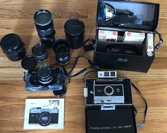 Canon FTb camera, Asanuma Auto-Zoom 80mm-250mm lens, Canon FD 135mm lens, Sigma-Z 28mm lens, Polaroid 250 Land Camera with case & flash