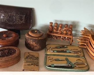 Vintage Mexican tooled leather purse, carved wooden boxes, Wiss scissors set in case, erzegebirge choir crank toy, Hawaiian wooden pineapple trays
