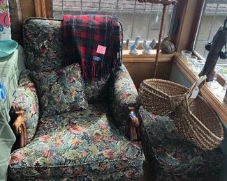 Vintage armchair & ottoman with ball & claw feet, Pendleton wool throw (has holes), large basket