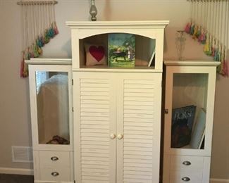 Cream Pinellas Armoire Desk and 
pair of cream Book Case ends with glass front