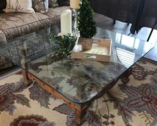 Thick Beveled Glass Cocktail table with hand carved wood base