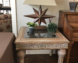 Whitewash carved End table with glass inlay