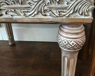 Whitewash carved End table with glass inlay