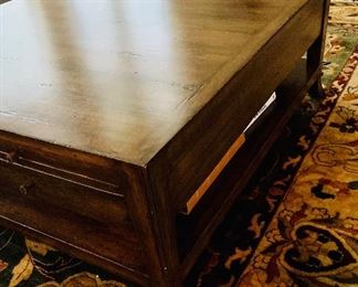 $995 Detail: Bausman Square Coffee table with self and drawers. 19"H x 48"W x 48"D