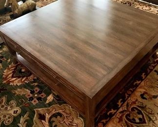 STUNNING Bausman square coffee table with drawers and lower shelf. 19"H x 48"W x 48"D