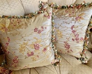 $250 Pair B; Ebanista Embroidered silk fabric pillows with tassel trim.  Approx 18" square. 