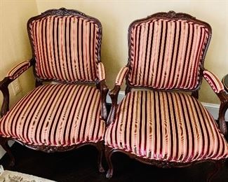 $1,750 Pair Louis Solomon Louis XV style armchair; custom upholstered in Beacon Hill striped fabric with rope trim; 38.25"H x 24"D x 28"W