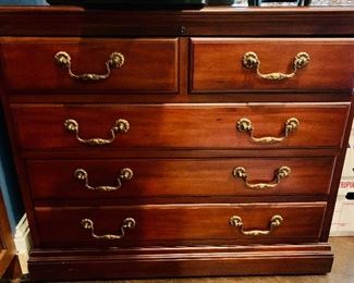 $495 Sligh Two Drawer Lateral file cabinet. Crafted in select mahogany solids and veneers.  Two lockable letter/legal file drawers. Antiqued brass draw pulls.  Approx 42" W x 24" D x 31"H.