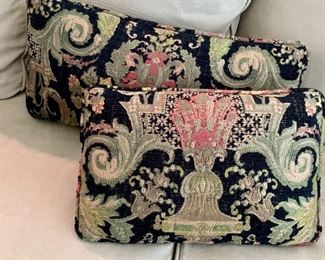 $75 Two custom brocade corded pillows in black, greens and pink; 12.5"W x 24"L  and  13"W x 19"L