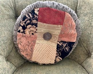 $40 Custom patchwork round pillow with shirred sides and single tuft; 16.5"D 