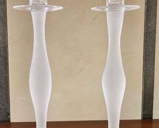 $150 Pair Orrefors "Celeste" frosted candlesticks. Approx 12" tall.