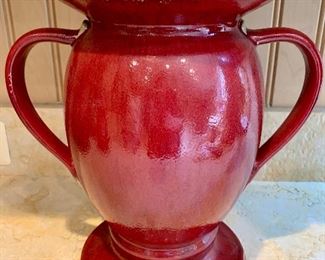 $30 Pottery Barn two handled red glazed ceramic urn; 13.5"H