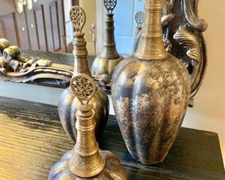 $75 Three decorative urns with metal stoppers 14.5"H, 11.25"H and 9"H