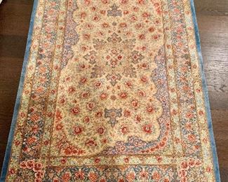 $1,450 Hand knotted signed silk rug; Signed "Iran Qum" ; Beautiful asymetric center;  58"L x 39"W