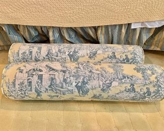 $250 Pair blue and white toile fabric, down filled bolsters (2 available) 37"L x 9"D