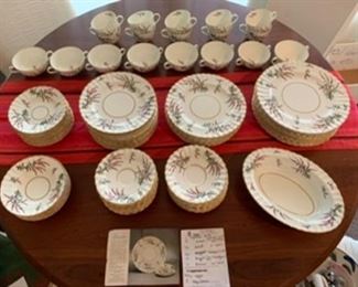 $250. Royal Worcester. Dunrobin. Purple heather on cream with gold edges. No chips, stains or cracks. 88 pc.