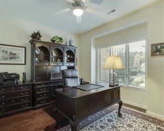 Complete office--desk, lateral file, hutch and wood and leather office chair.