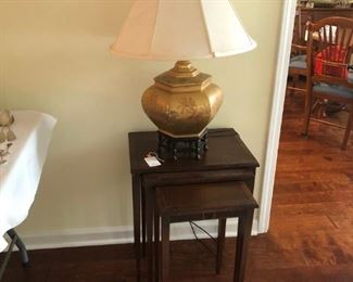 Vintage nesting tables and lamp.