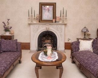 Restored Victorian couches, coffee table, crystal candelabra, Hull porcelain,  marble top end table and more!