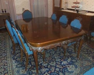 Rugs, Carved dinning table and chairs 