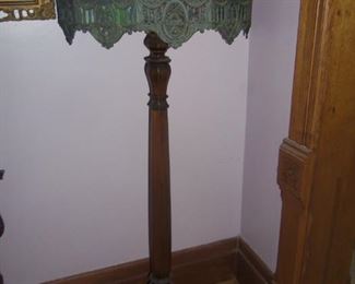 Carved Floor Lamp with Brass & Slag Glass Shade