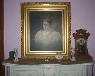 Oil on Canvas Painting, Mantle Clock, Porcelain 