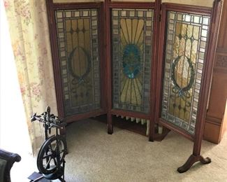 Antique Stained Glass Folding Screen, Spinning Wheel 