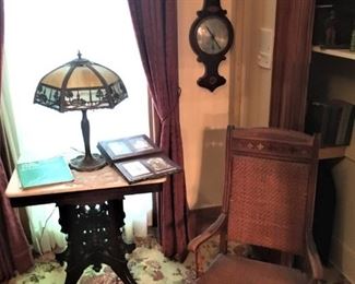 Multiple Marble Top Side Tables, Slag Glass Desk Lamps, Antique Barometer 