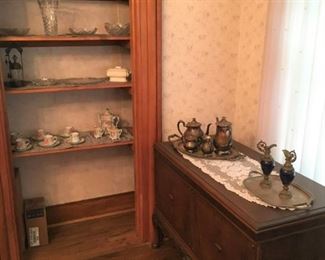 Silver plate tea service, porcelain, cut and pressed glass