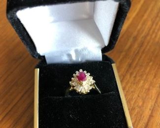14KT Yellow Gold Pear Ruby and 1/2 Carat Baguettte Ballerina Ring