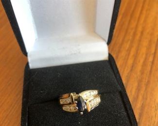 14KT Yellow Gold Marquise Sapphire and 1/2 Carat Diamond Ring