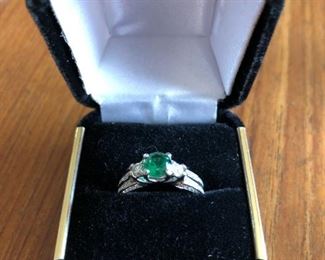 18KT White Gold Created Emerald and Diamond Ring