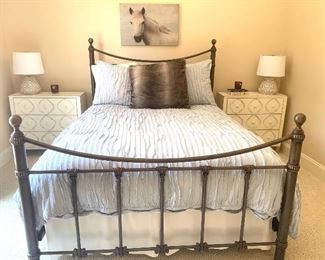 Queen bed. Linens by Pottery Barn. Mattress/boxspring priced separately