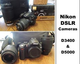 Cameras - Nikon Digitals D3400 and D5000 each with Kit Lens.  Additional zoom lenses available