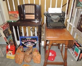 retro side tables, Underwood Typewriter and  1941 Philco Tube Radio 