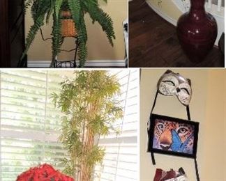 Lovely home decor: ceramic masks, framed art, silk plants and trees, vases and more