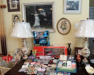 Wall decor - old lamps, RC helicopters new,  playing cards and marbles!