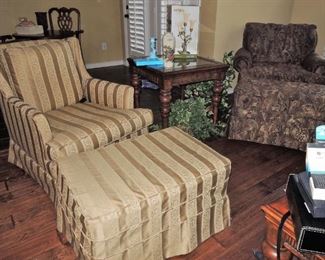 Upholstered chairs and ottoman (2 sets). Matching side and coffee table 