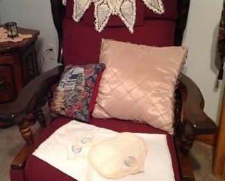 Vintage rocker/ recliner, decor pillows and vintage dresser scarves