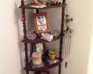 Wooden four shelf corner unit and lots of decorative items