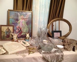 Many Guardian angel items, oval mirror, crystal bowls, table runners, very heavy crystal vase